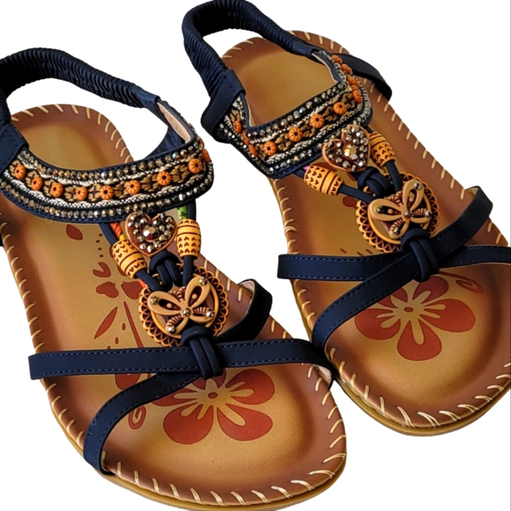Women's Flat Sandals, Blue, Tan, Beaded. Size 10
